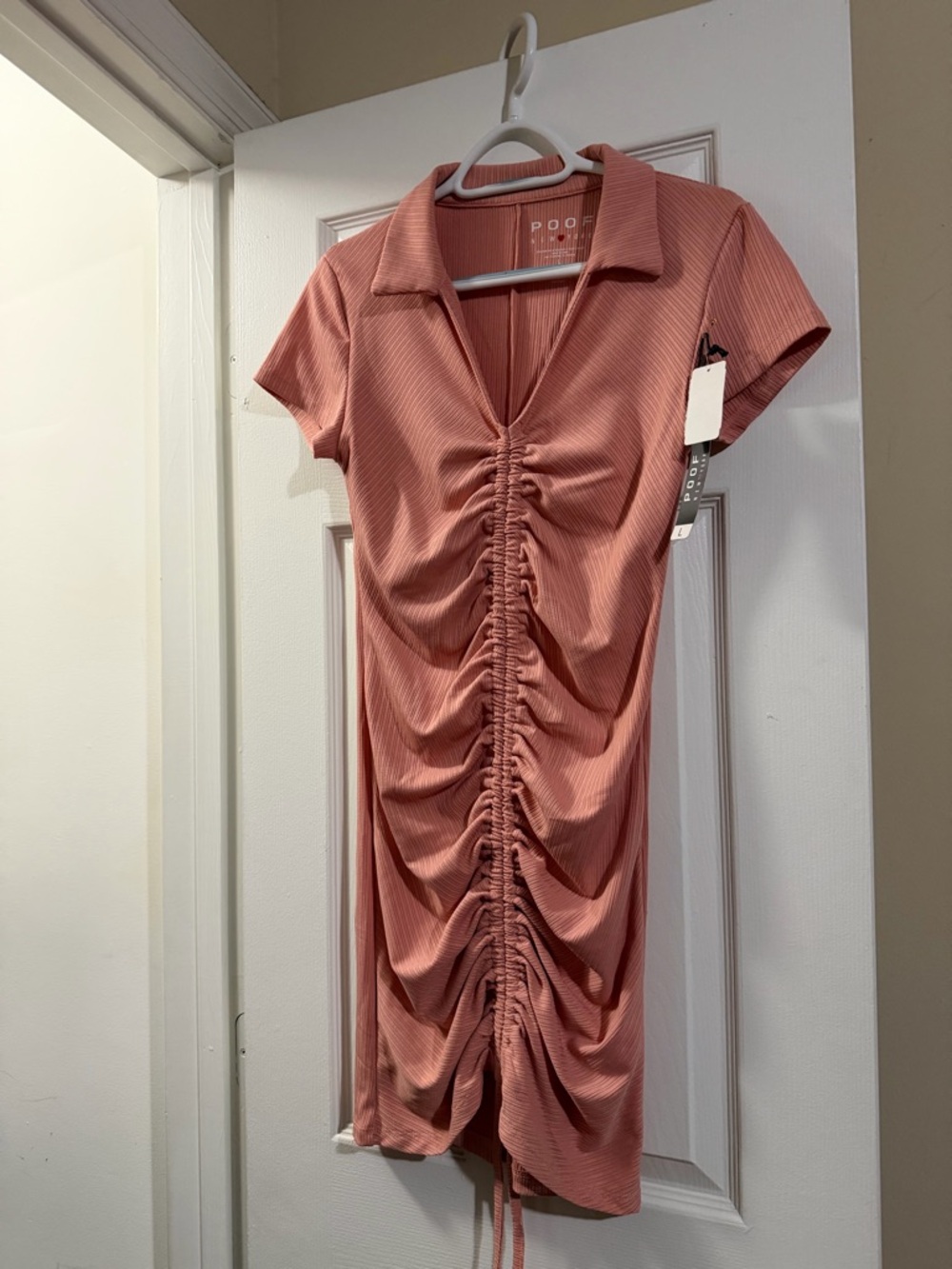 Poof! Ribbed Ruched Collared Mini Dress in Dusty Rose L NWT